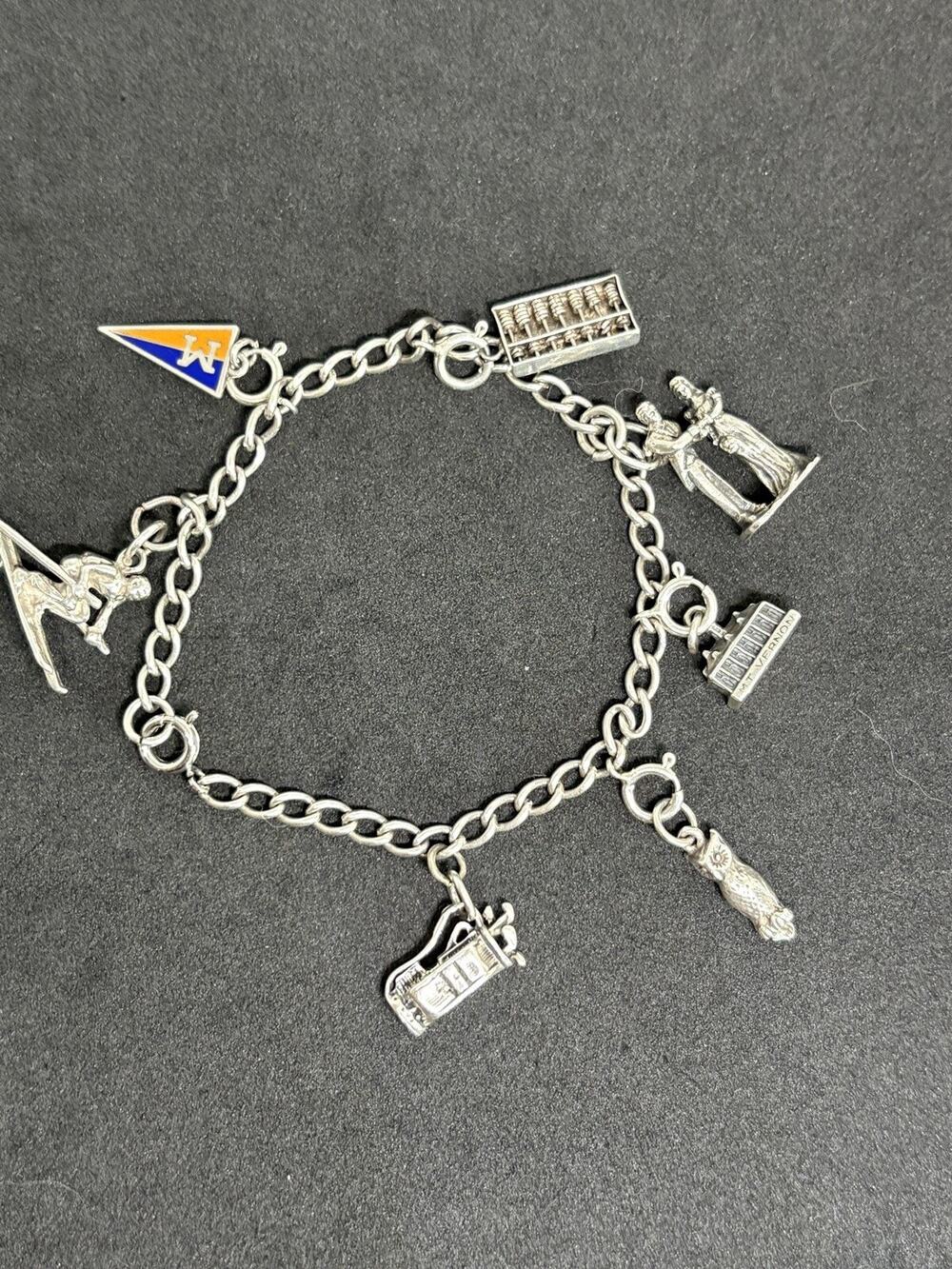 Vintage Sterling Silver U Michigan My Vernon Ski Owl Golf Enamel Charm Bracelet